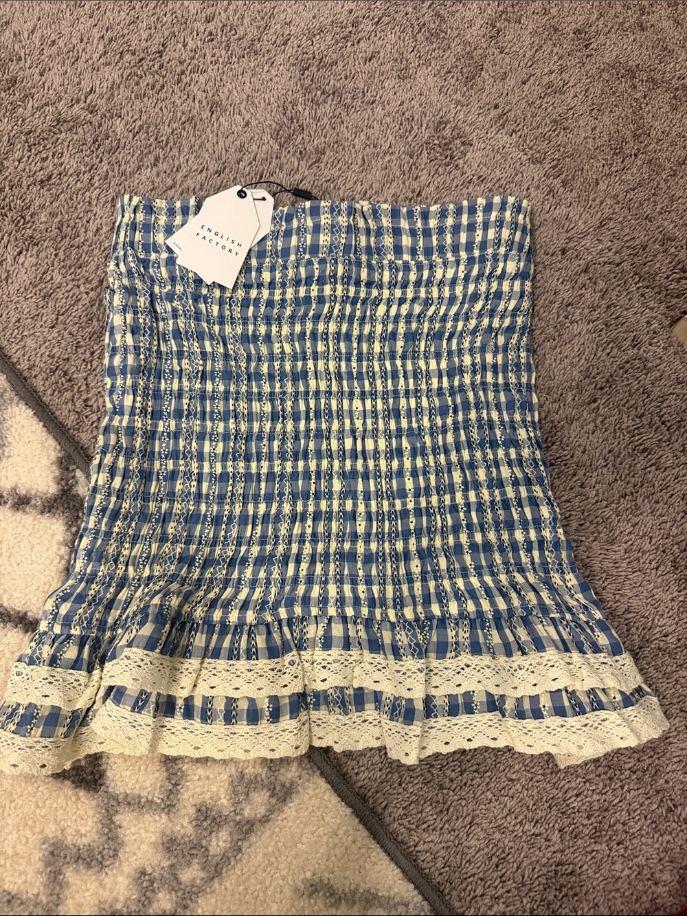 English Factory Blue and Cream Gingham Smocked Ruffle Mini Skirt